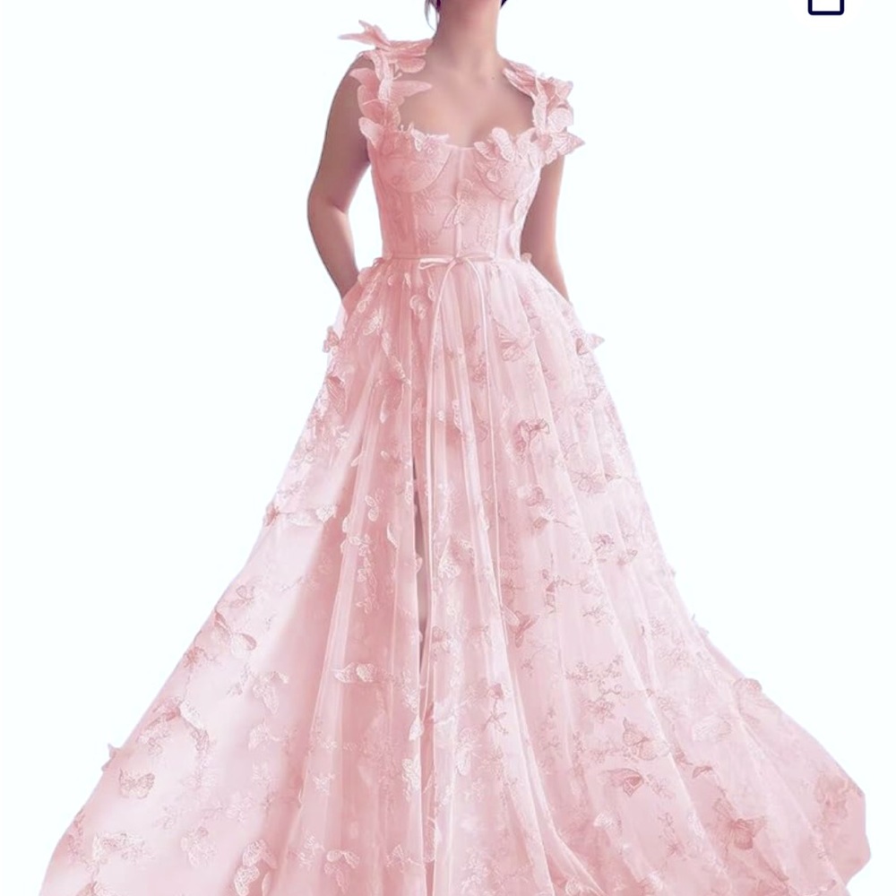 Eightale Long Tulle Lace 3D Appliqués front Split A Line Formal Evening Gown.